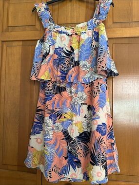 Sanctuary Coral & Blue Tropical Ruffle Mini Dress